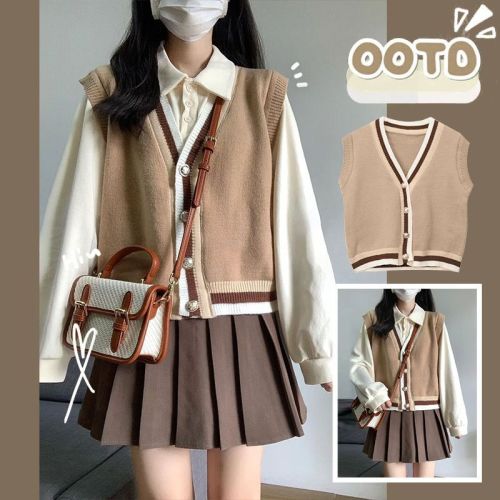 College style autumn suit female 2022 new western style age-reducing thin shirt knitted vest pleated skirt three-piece set