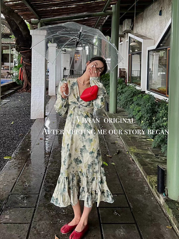New in autumn!  【VIVIAN】French high-quality ink tie-dye floral dress 90321# ZXX