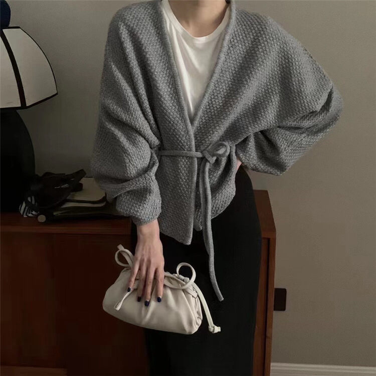 New in autumn!【ABOUT ANN】Lazy wind tie loose knitted cardigan (with waist rope) 2301# ZJY