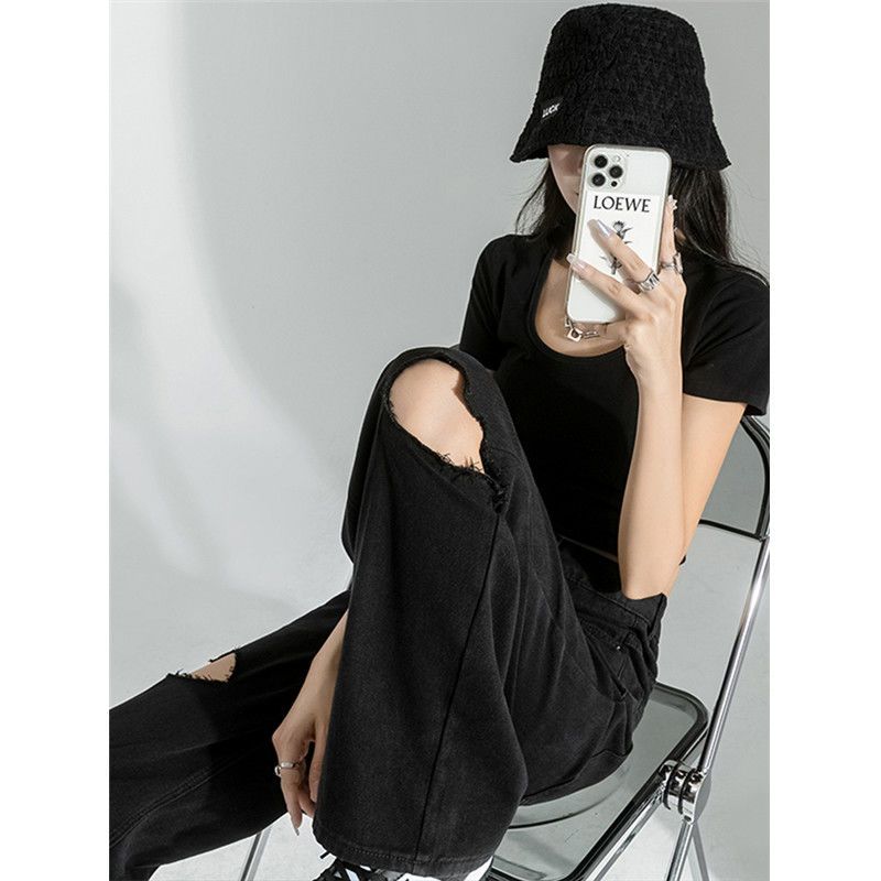Black hole denim female high street straight beggar summer thin section loose drape high waist wide leg mopping trousers tide