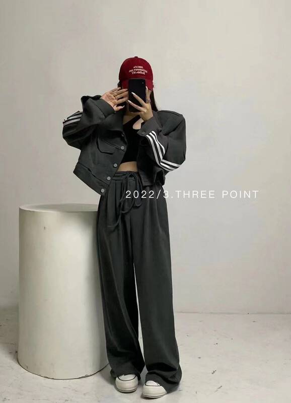 Autumn is new! [3.THREE POINT] Korean version of the color-blocking jacket + straight wide-leg casual pants suit 6093# ZXL