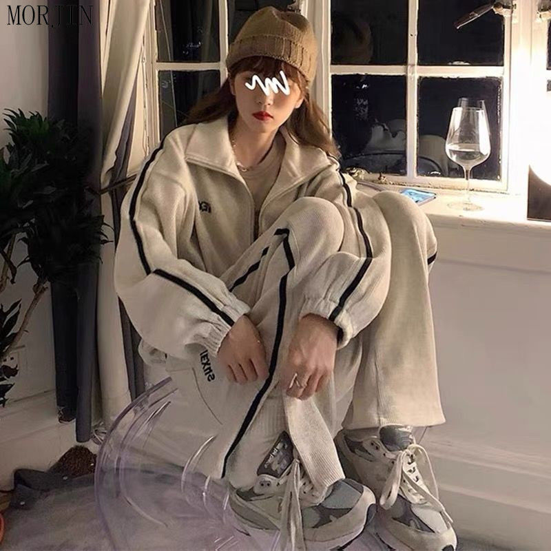 Sports suit female autumn student Korean version loose and thin large size sweater running net red fried street leisure two-piece set