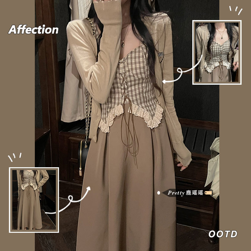 Gentle style camisole three-piece suit women's autumn retro outside sunscreen cardigan high waist pleated skirt