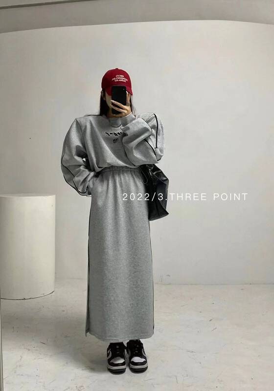 Autumn is new! [3.THREE POINT] Letter Drawstring Sweater + Slit High Waist Skirt Suit 6099# ZXL