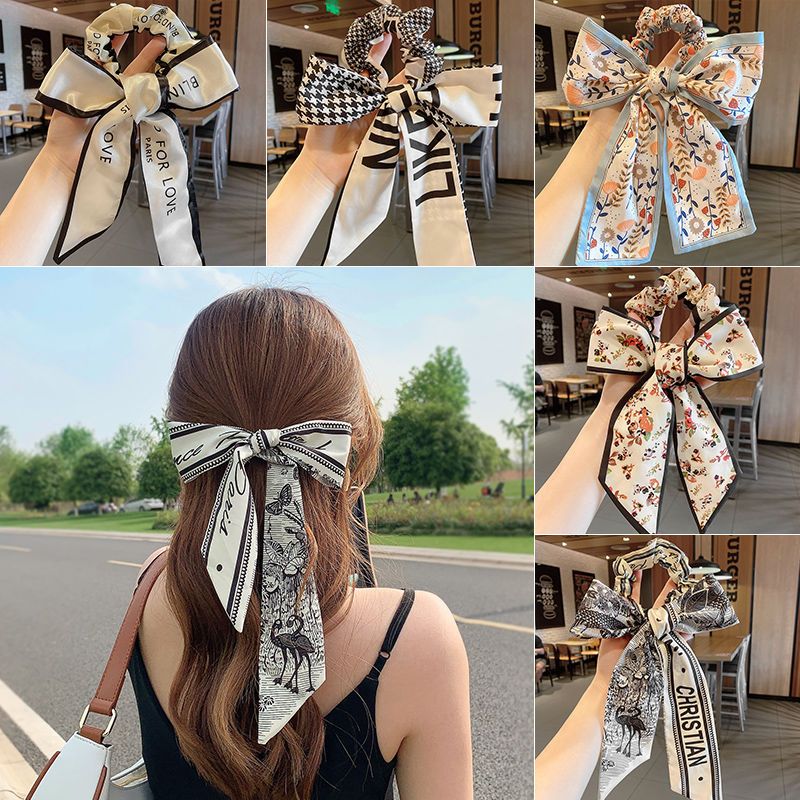 Summer thin bow knot large intestine hair ring ribbon tied hair rope headdress rubber band silk scarf hair band female tied hair rope