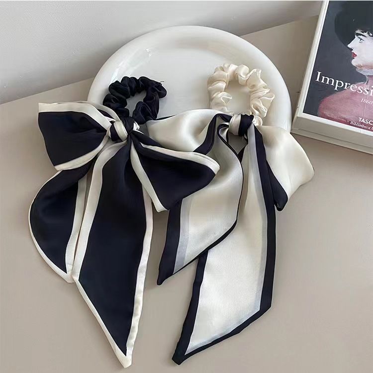 Daily hair accessories Simple and sweet black and white edge bow hair band tied hair scarf head rope temperament streamer hair ring