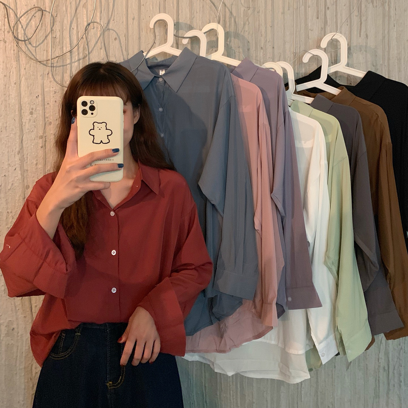 Net price real shot Shirt women's outer wear autumn long-sleeved all-match salt loose loose drape loose bottoming top