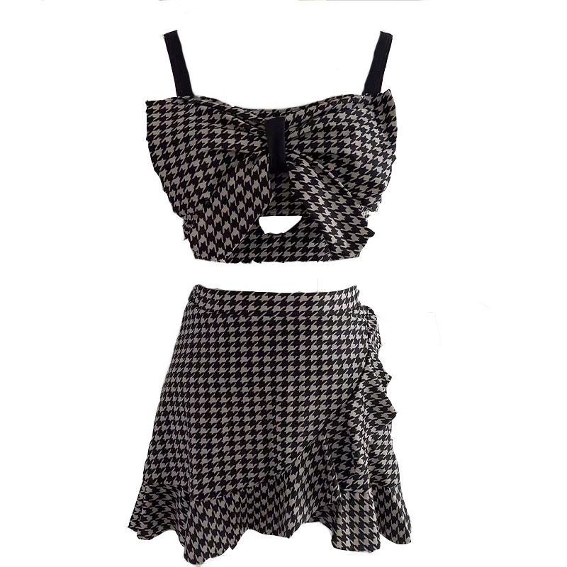 2022 new houndstooth girl skirt cover belly is thin conservative split swimsuit female ins wind hot spring