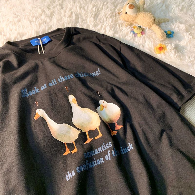 100% cotton Hong Kong style fun duck print short-sleeved t-shirt men's and women's trend loose all-match couple half-sleeve top