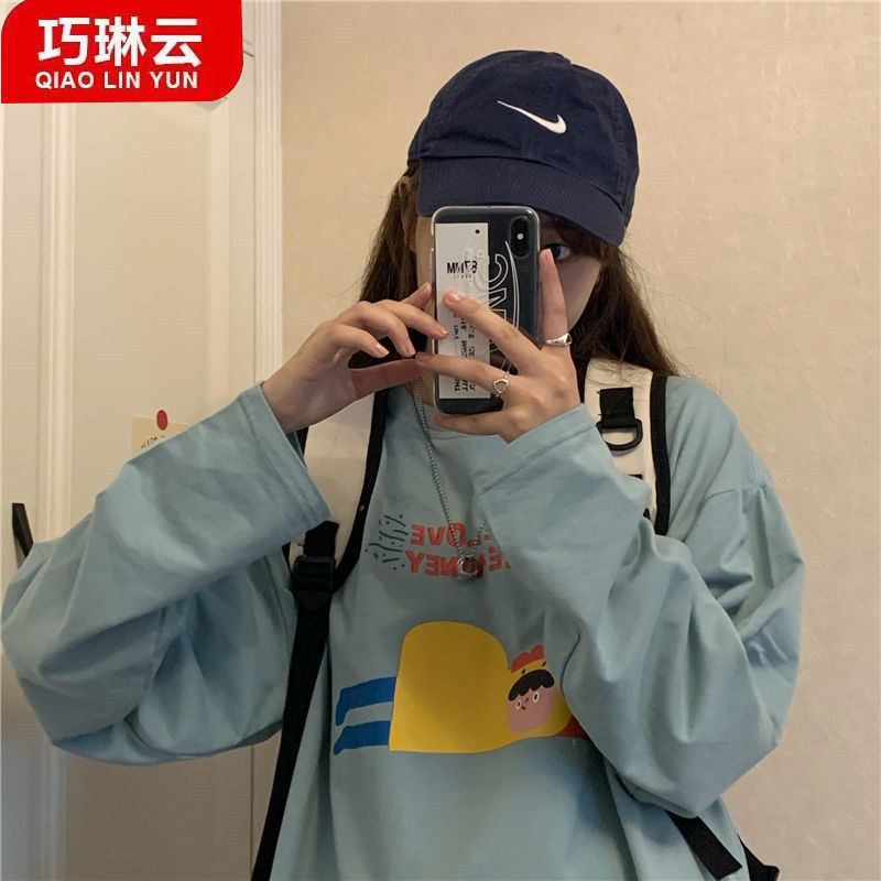 100% cotton autumn new loose cotton long-sleeved sweater T-shirt women's round neck fun cartoon printing top ins