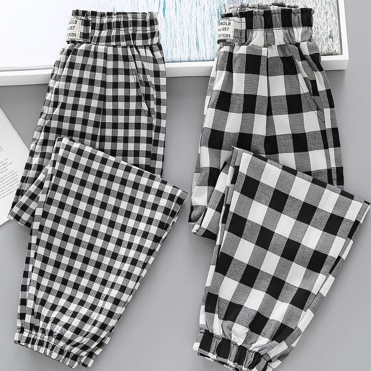 Girls' plaid anti-mosquito pants 2022 spring and summer new loose foreign style casual pants children's middle-aged children's lantern pants