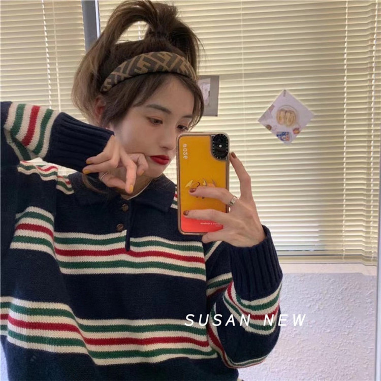 【SUSAN】Simple and Personalized Striped Polo Collar Loose and Comfortable Warm Sweater (Without Inner) S2003# FF