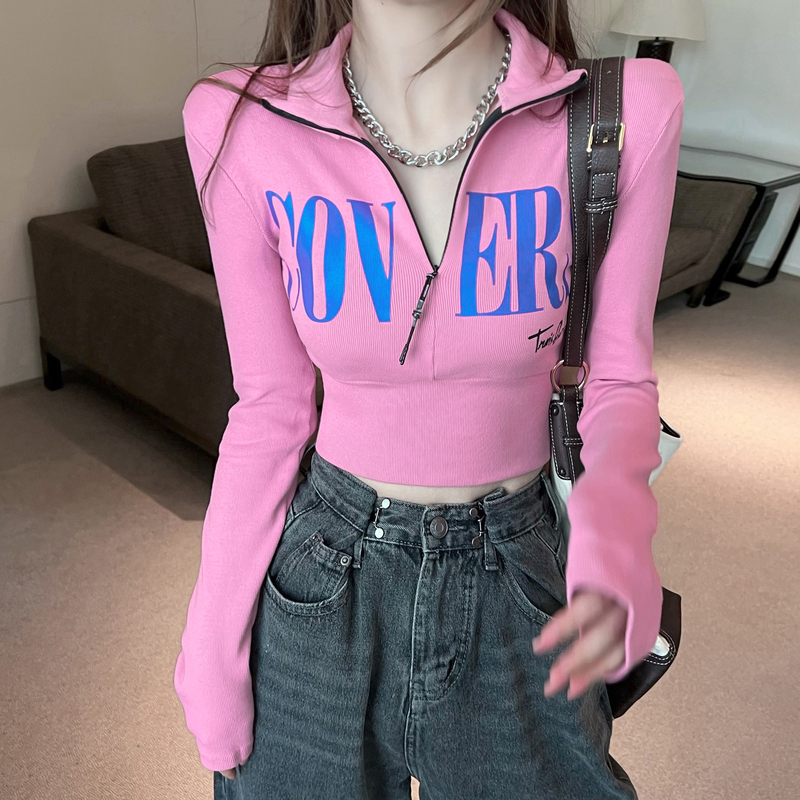 Real Price Real Price Long Sleeve Turtleneck Printed Zipper Slim T-Shirt Women's Short Top
