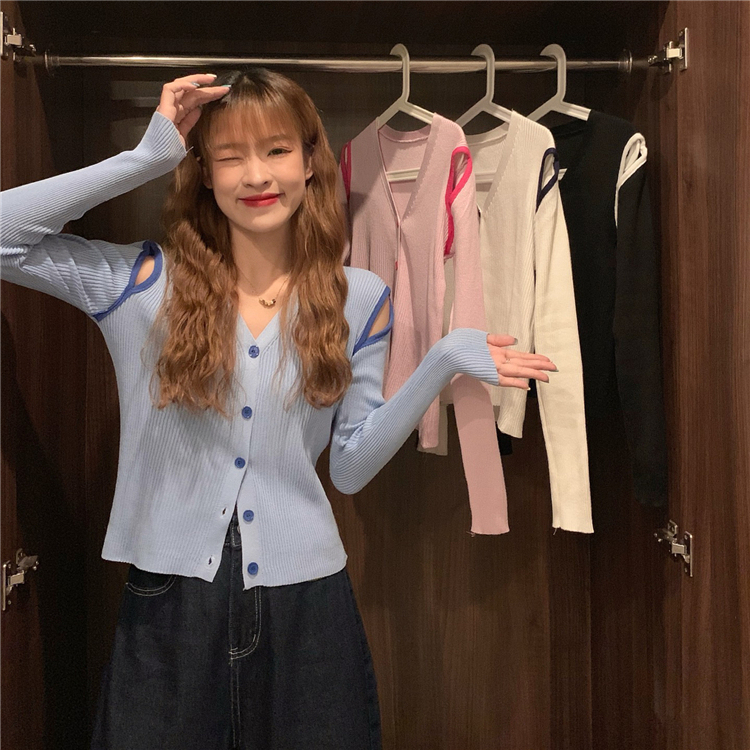 Real price real shooting Autumn Korean version carefully hit the color off-shoulder top hot girl Slim V-neck sweater