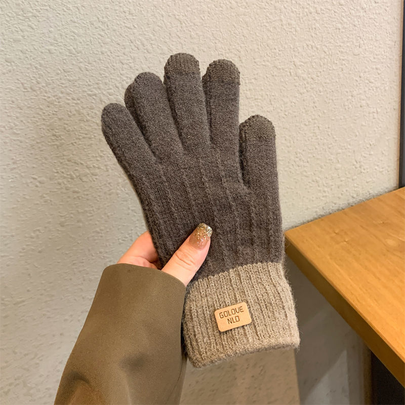 Ins gloves women's autumn and winter thickening cold-proof warm students knitted five-finger riding wool color-blocking touch screen gloves
