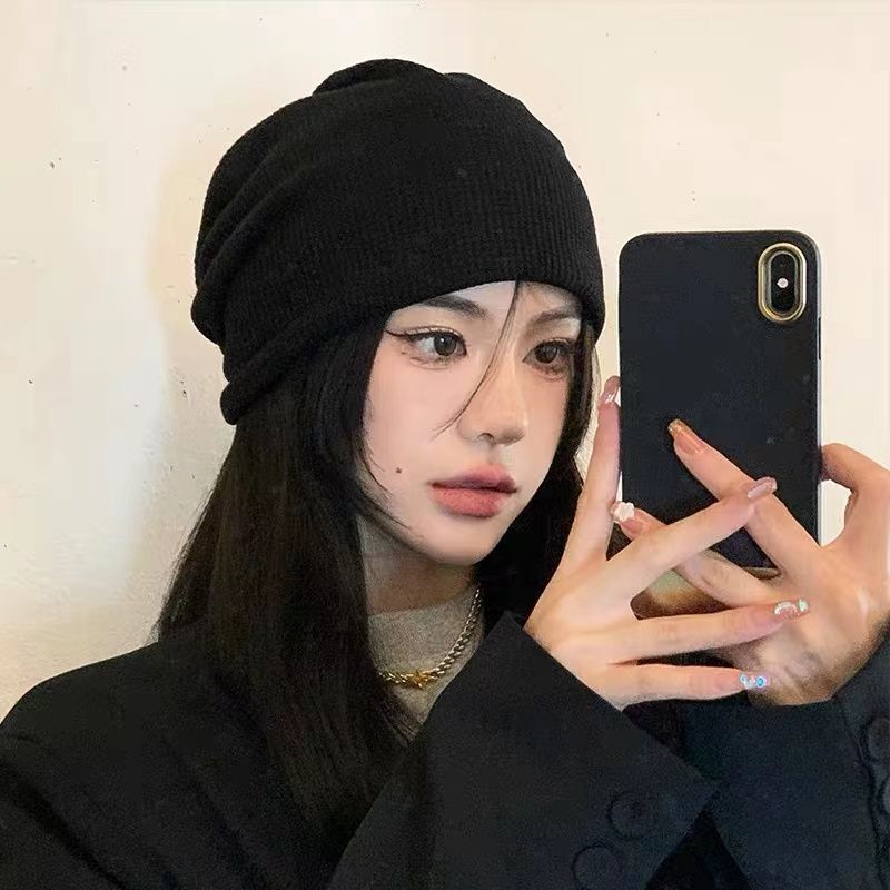 Autumn and winter knitted hats women's pile hats Japanese black wild wool big head circumference Baotou confinement cold hat men's tide