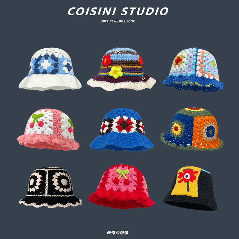 Japanese retro hollow flowers hand-knitted pot hat women's autumn and winter sweet all-match wool hat show face trend