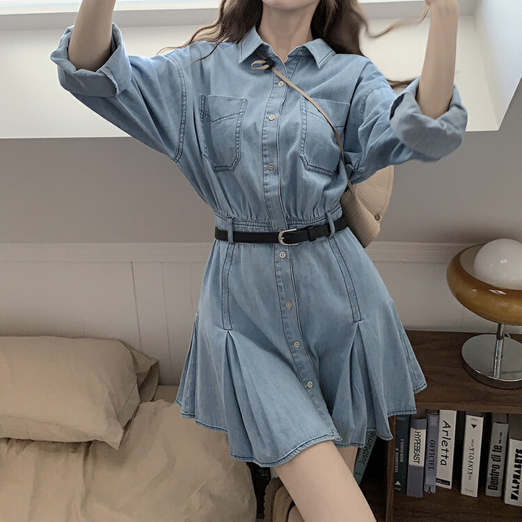 New in early autumn! [Timely rain] Korean style ins retro design shirt dress (with belt) 75059# WPL