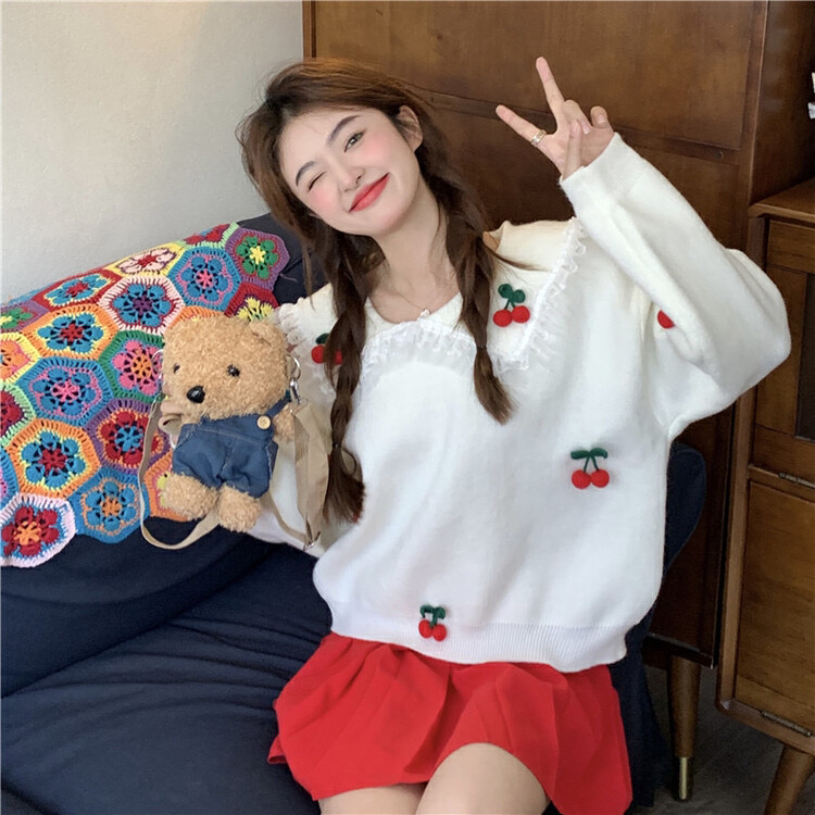 New in autumn! [Timely rain] Korean style ins sweet age-reducing design doll collar lace three-dimensional cherry loose all-match warm sweater (with rabbit cherry) A1987# WPL