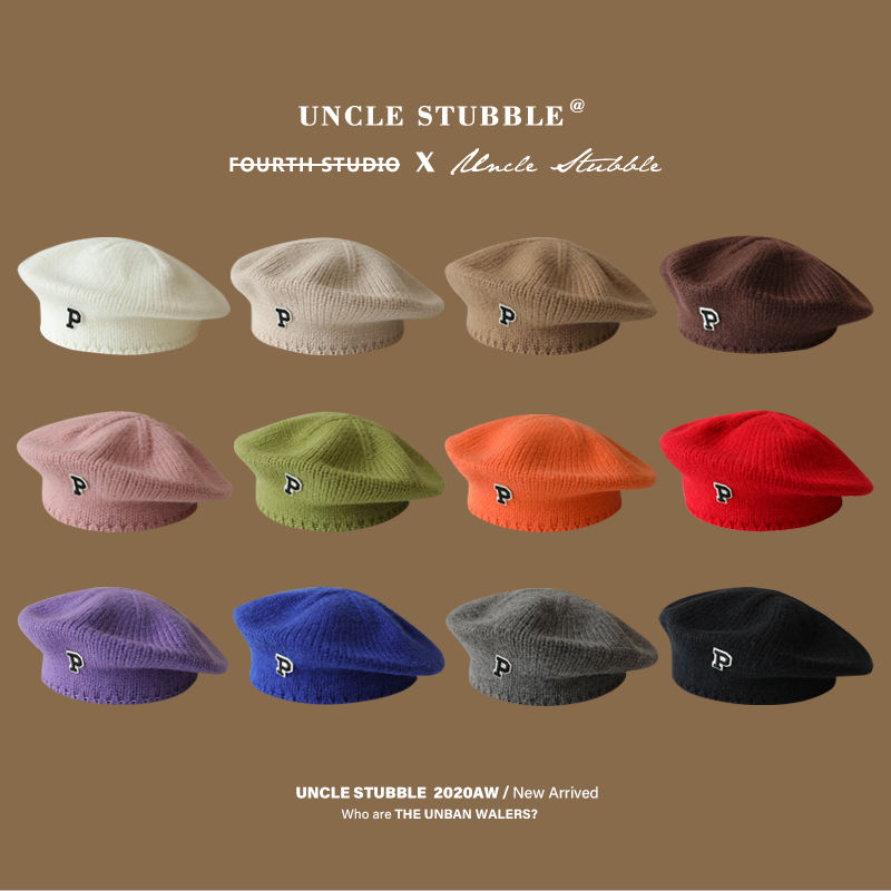 Letter P standard beret is very comfortable to wear knitted wool painter hat autumn and winter warm bud cap girls