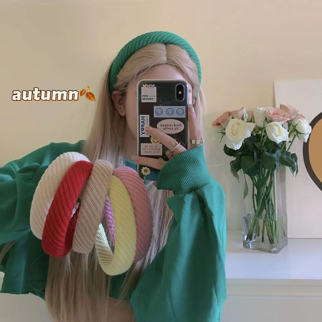 [Peach Tea] Autumn and winter bi into the knitted wool hair hoop wide side heightened cranial head hoop wash face hairpin headwear