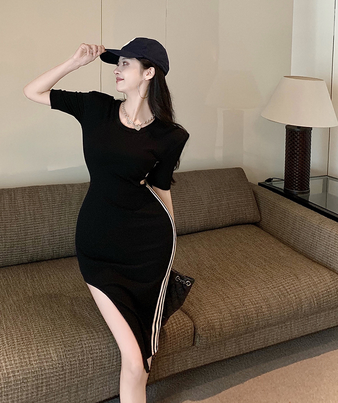 Real shot babes show waist sexy slit design dress feminine temperament niche shoulder pad skirt trend