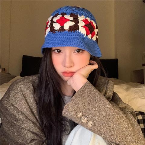 Hollow bucket hat contrast color woven flower fisherman hat basin hat all-match face small 2022 knitted wool hat women