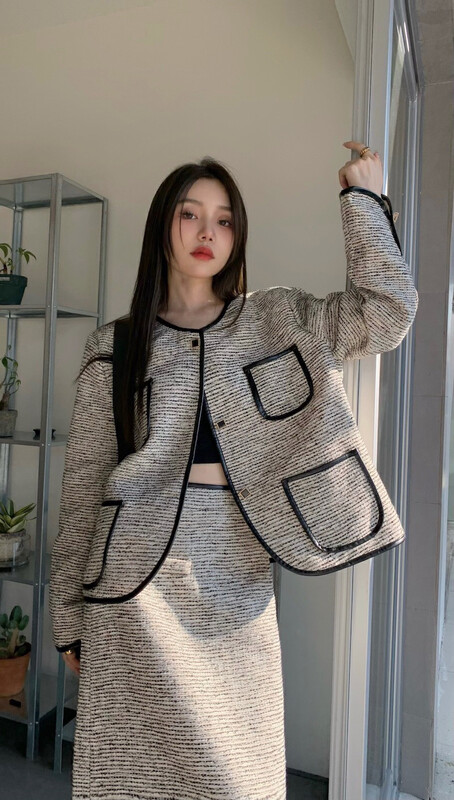 New in autumn! [Timely rain] Korean style ins retro temperament loose small fragrance coat + high waist and thin A-line skirt suit A1370# WPL