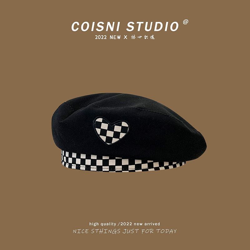Japanese sweet checkerboard love embroidery black beret hat female spring and summer casual all-match painter hat student
