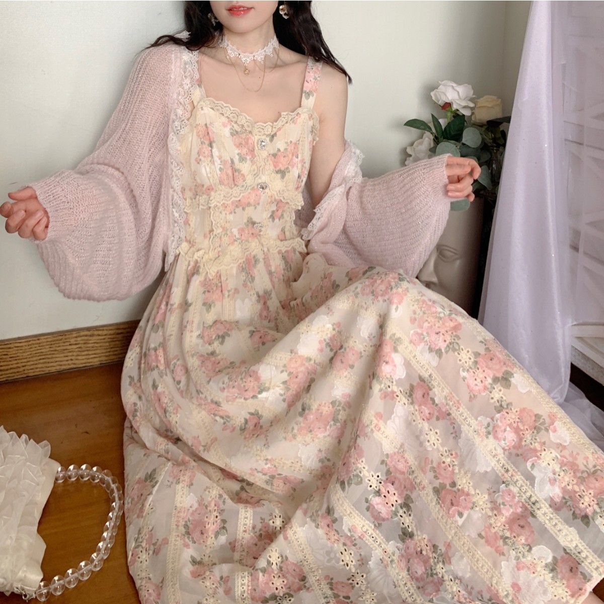 Super fairy Verona spring gentle high waist chiffon embroidered lace suspender skirt female 2022 spring new fairy