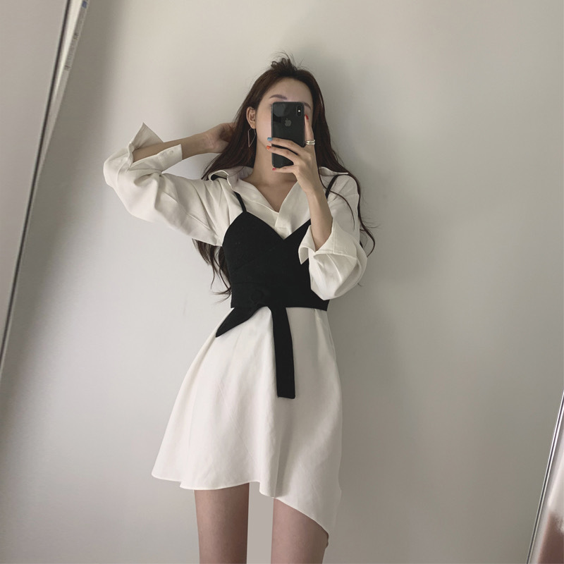 Korean chic retro slim waist wrap chest camisole + lapel solid color thin irregular dress female