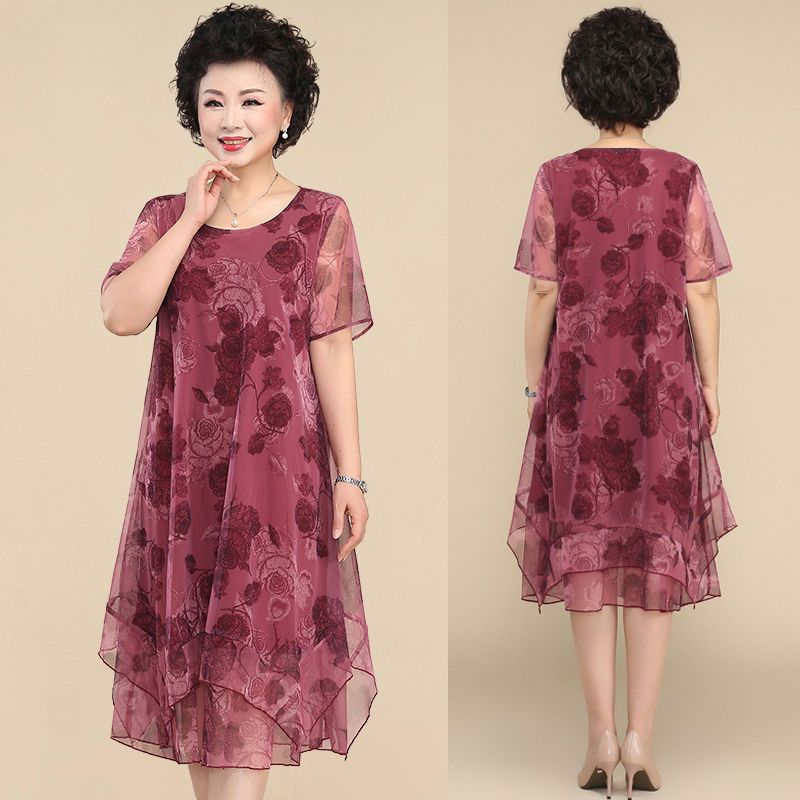Plus fat plus size short-sleeved dress fat mm plus size women's clothing loose and thin Western-style mother dress mesh floral dress