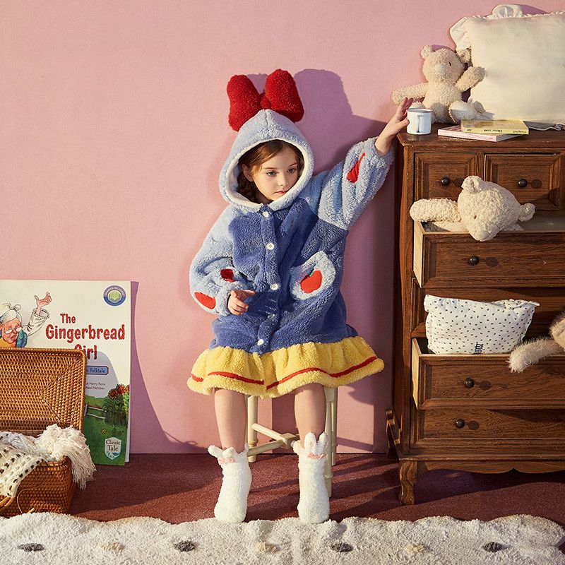 Snow White children's pajamas coral velvet autumn and winter flannel long nightgown men and women middle and large children thickened home clothes