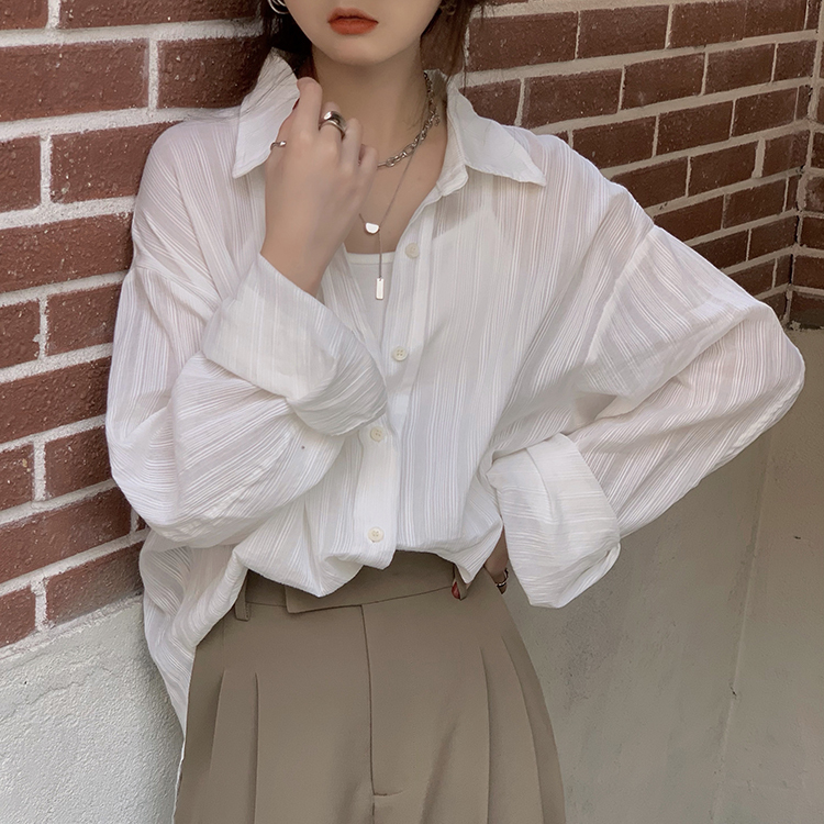 High-end design sense summer solid color chic sunscreen clothes lazy temperament all-match loose lapel salt shirt women