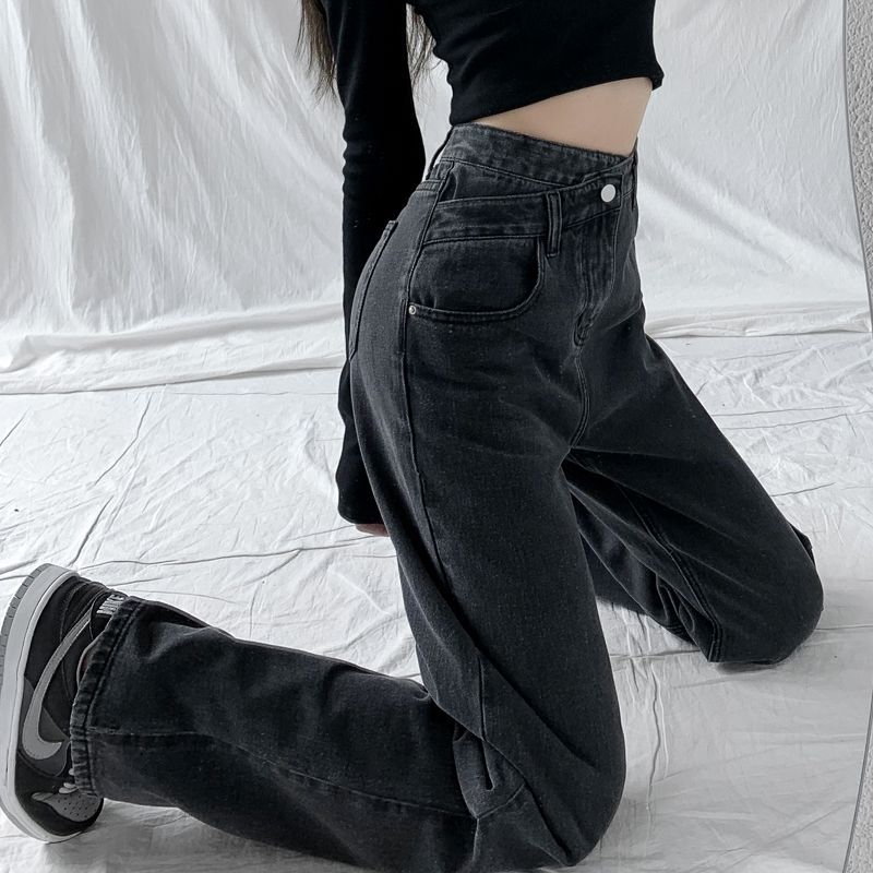 Black and gray new cross high waist design jeans women are thin and loose straight tube drape wide leg trousers