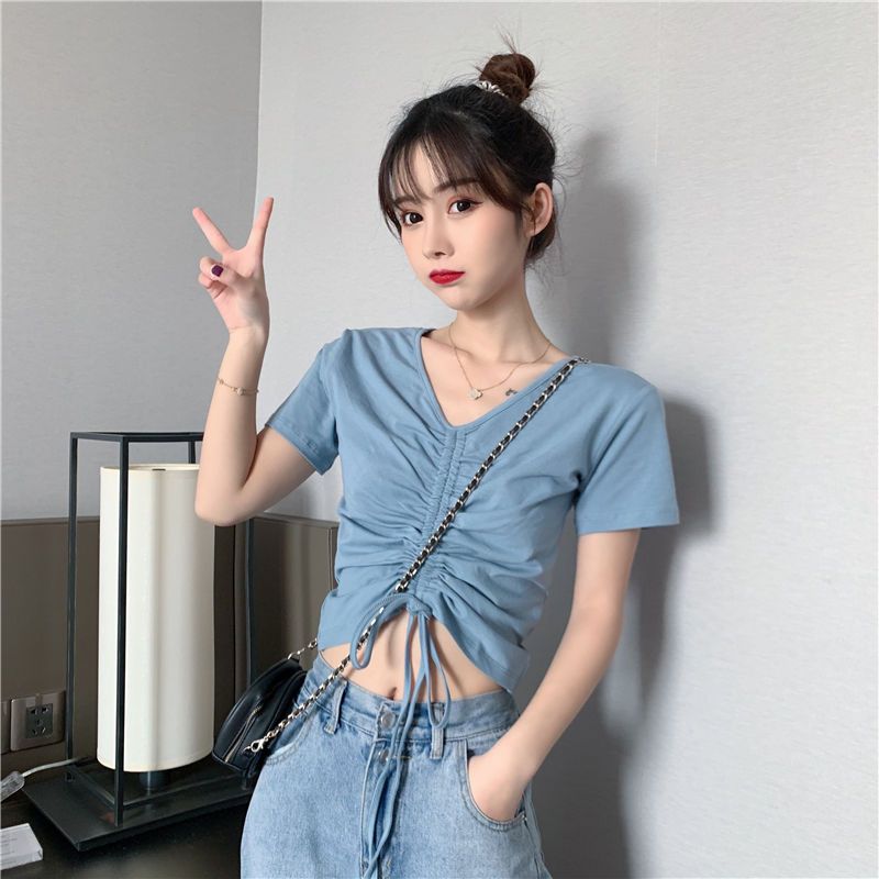 Design sense drawstring short-sleeved t-shirt women's Korean version ins net red casual Hyun Ya style niche short section navel show thin top