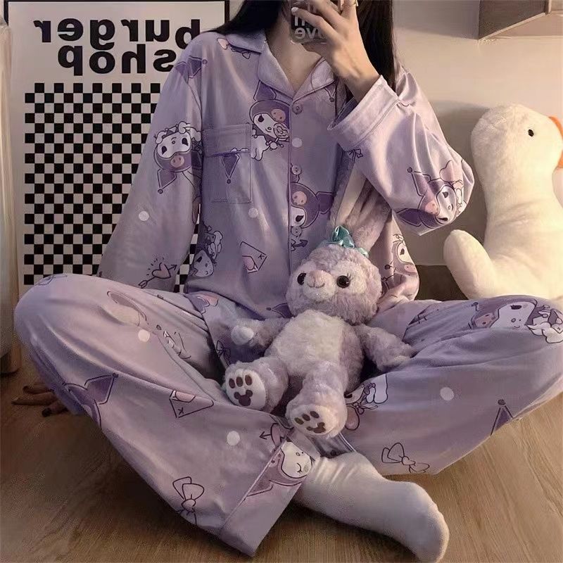 Pajamas female net red new spring and autumn long-sleeved cartoon anime purple Kuromi Japanese girl suit home clothes trend