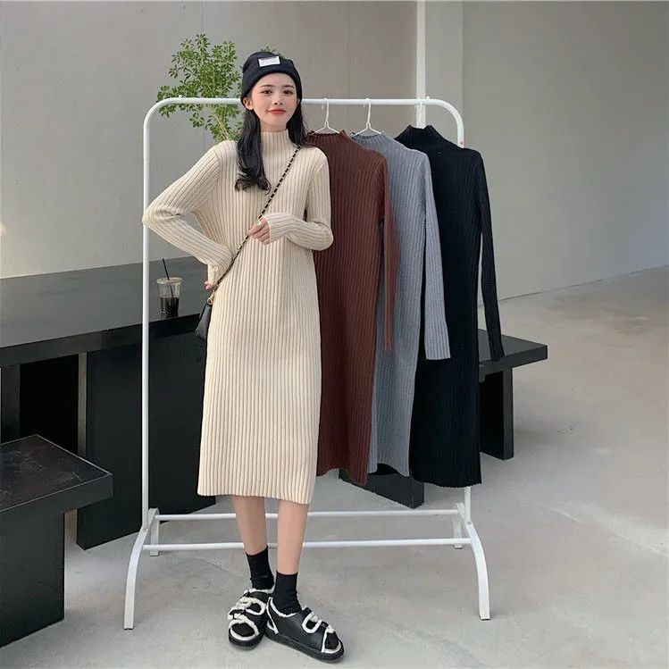 Autumn and winter Korean version 2022 new half turtleneck slim mid-length bottoming knitted casual long-sleeved dress women's clothing