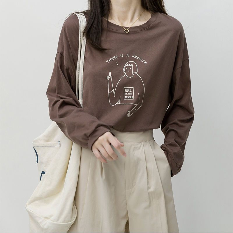 Cotton white long-sleeved t-shirt women's loose Korean version ins super hot autumn printing top clothes round neck all-match bottoming shirt