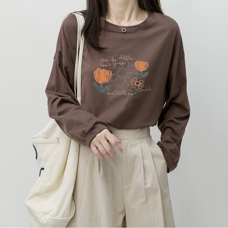 Long-sleeved t-shirt women's 2022 autumn new loose Korean version round neck printing all-match autumn and winter bottoming cotton top clothes
