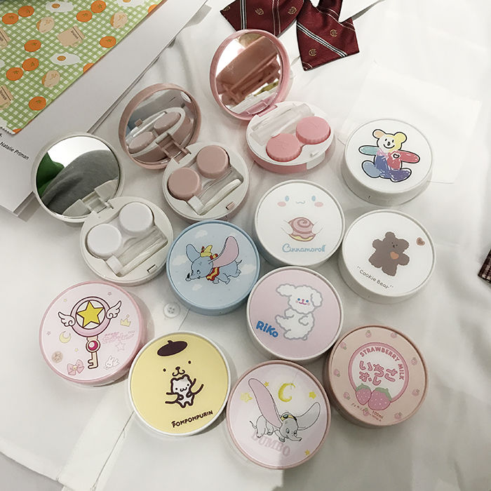 ins cute girl heart bear beauty pupil box portable contact lens companion box female student glasses box with mirror