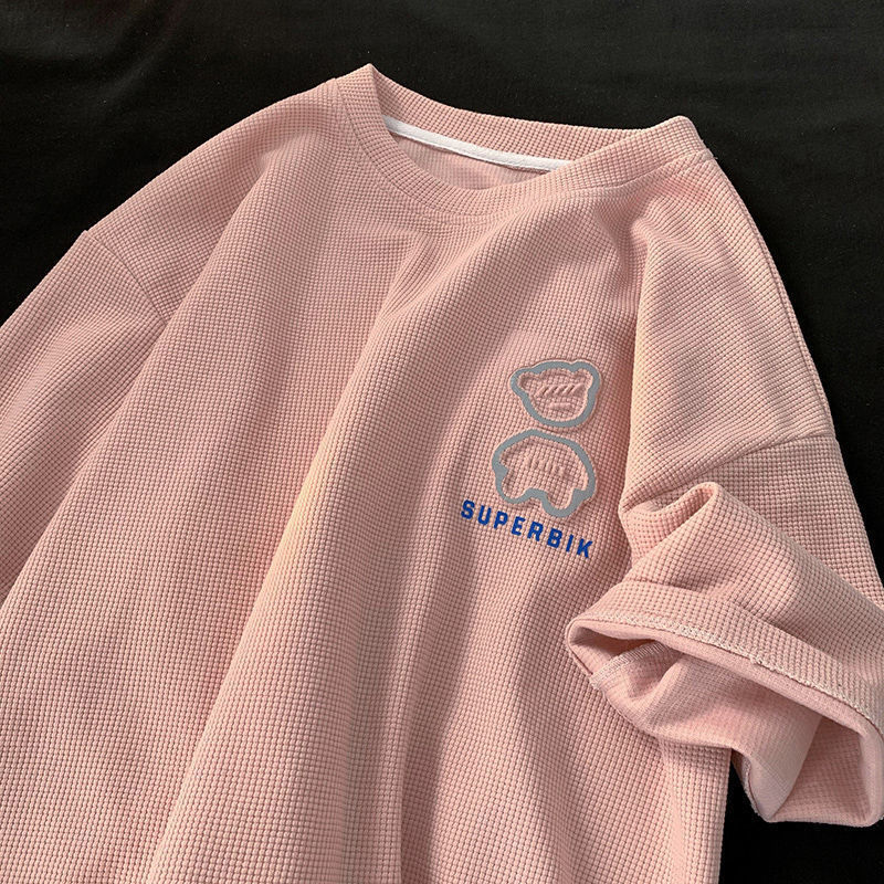 Waffle t-shirt women's 2022 net red hot pink bear short-sleeved top ins trendy loose cute half-sleeved all-match