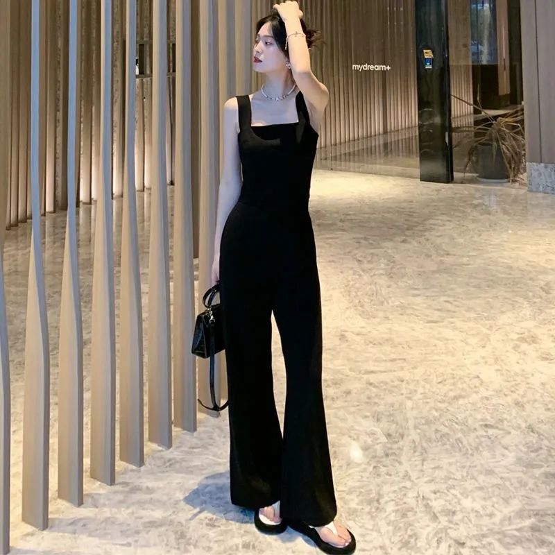 2022 autumn suspender jumpsuit women's high waist, thin and drooping one-shoulder small black straps wide-leg pants women