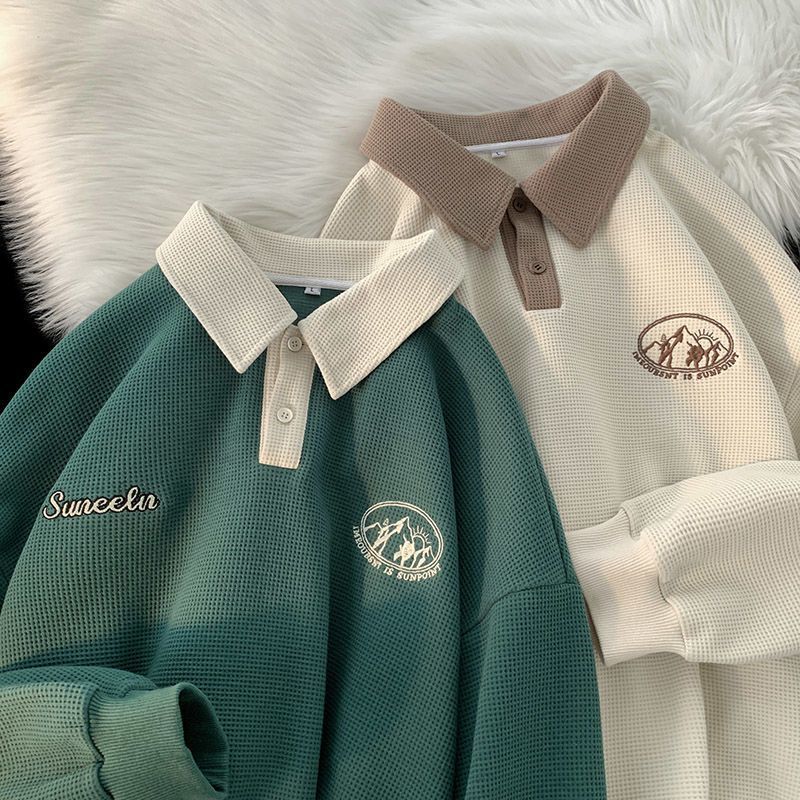 Retro waffle long-sleeved sweater men's American Vintage loose fashion new trendy brand design polo jacket