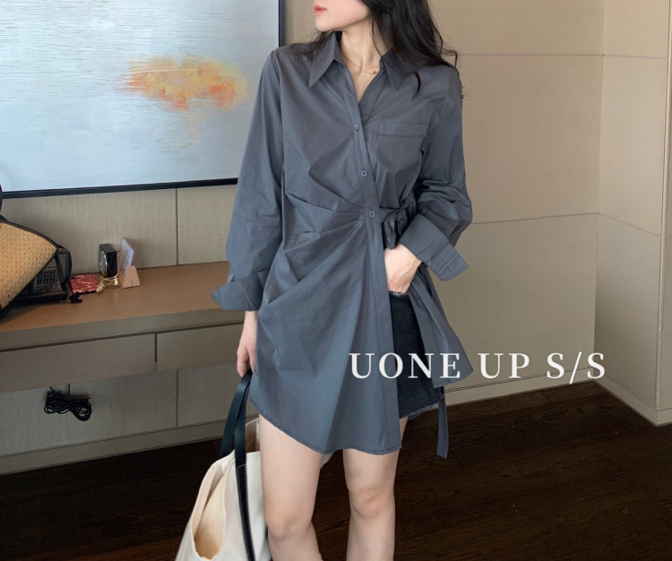 New in early summer! [UONE] Korean version of ins design sense lace up thin lapel shirt 97003# LSL