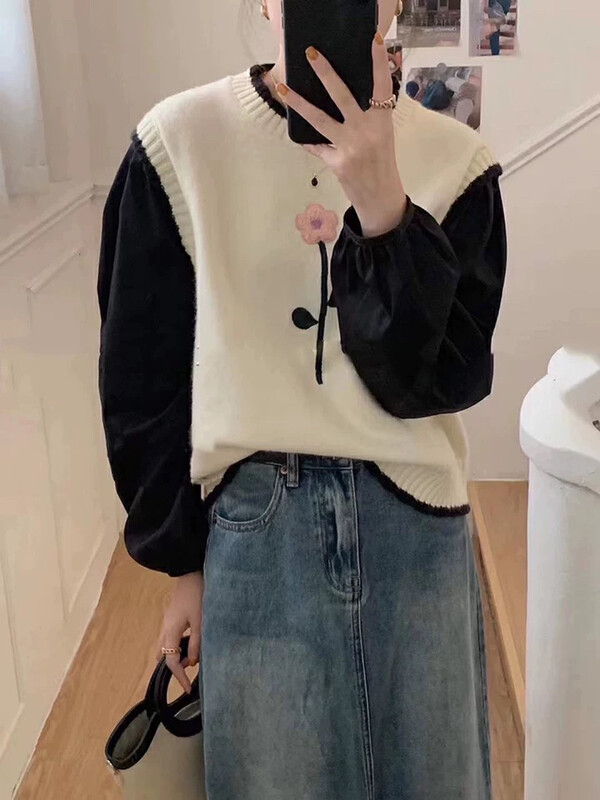 New in autumn!【L.L STUDIO】Korean style stitching puff sleeve jacquard sweater 78086# PCZ