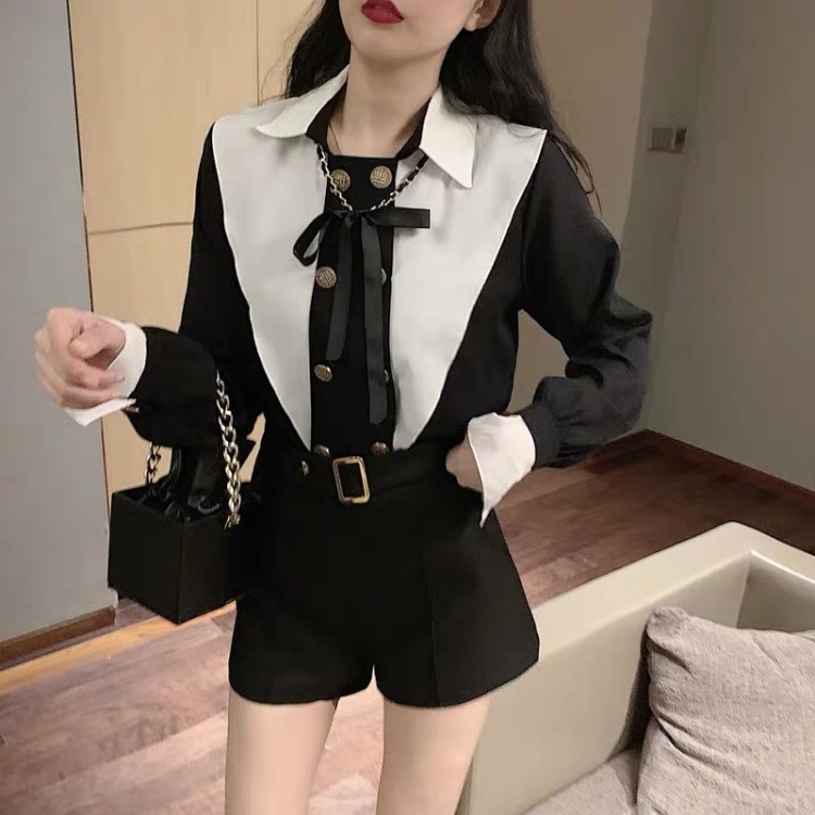 Original price 100.39! [LINNA] Feminine double-breasted contrasting lapel shirt (with bow tie) 9292# ZXX