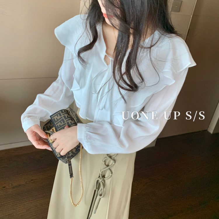 Original price 77.83! New in early spring! [UONE] Gentle wind solid color shirt with lotus leaf 89960# LSL