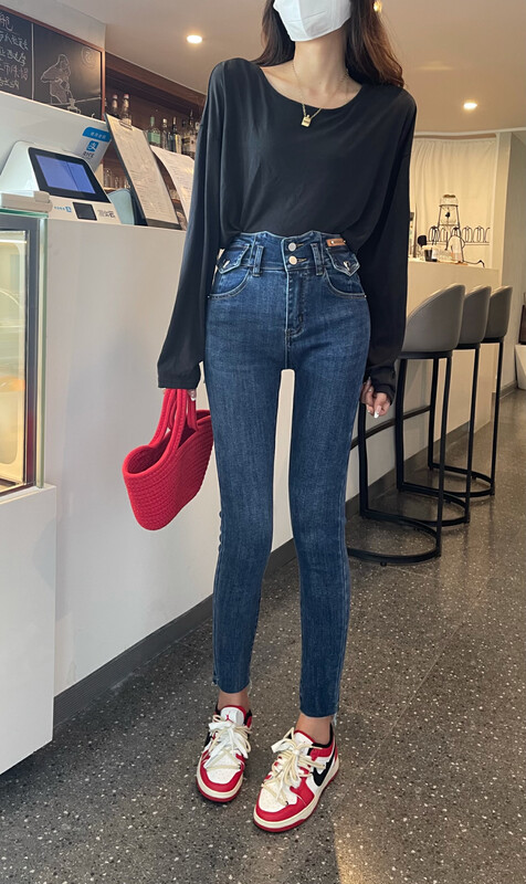 New in autumn! [Enxier] High waist double button stretch jeans EB3022# FHX