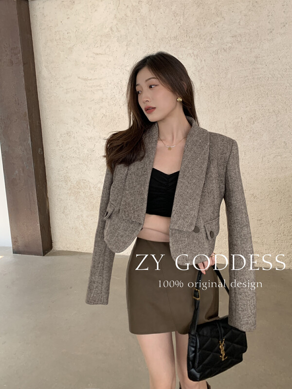 [ZY] Retro temperament herringbone pattern high-quality woolen is thin and large lapel suit short jacket (including 15 wool) 18217